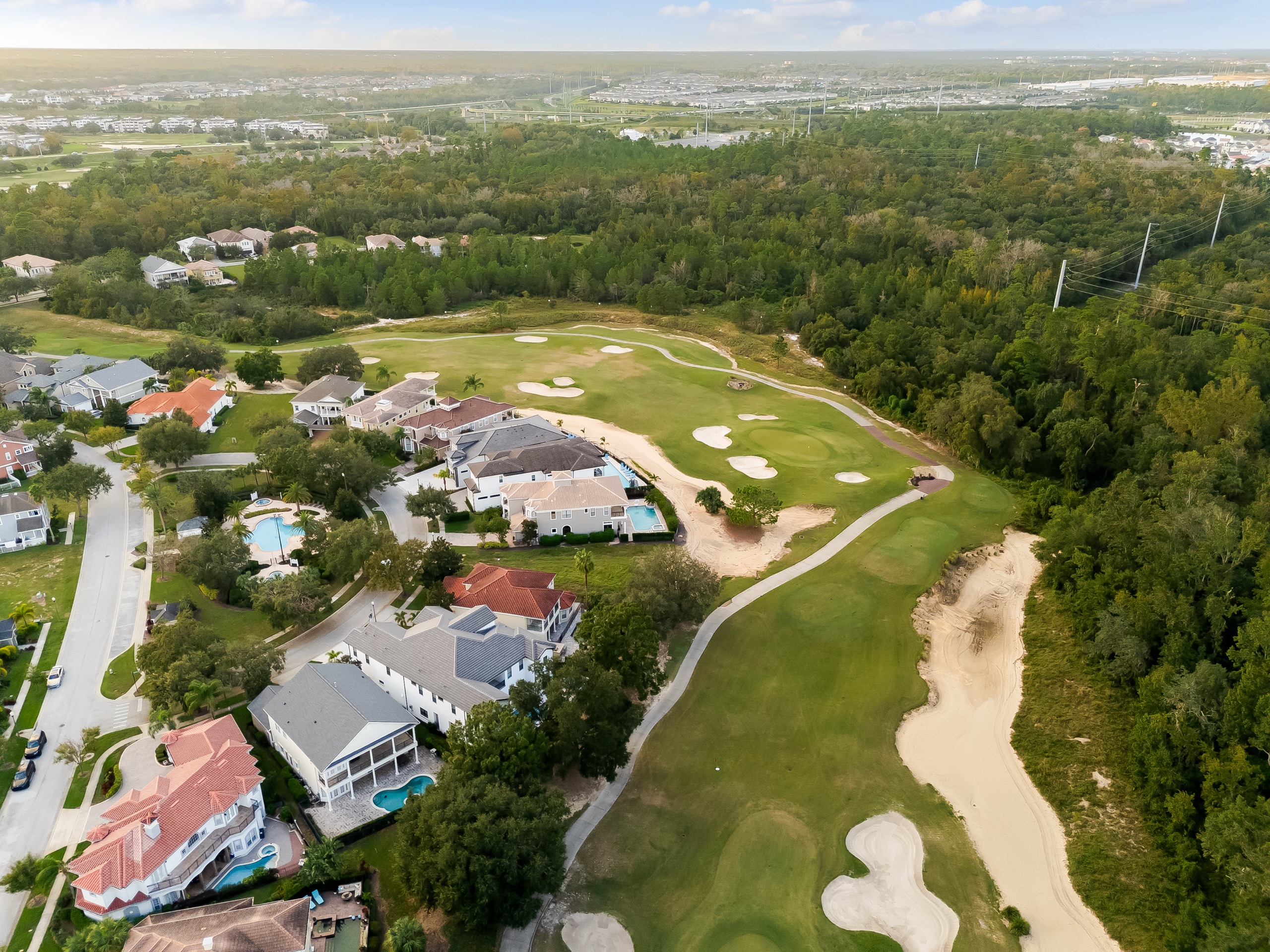 Aerial over the Reunion resort neighborhood and golf course