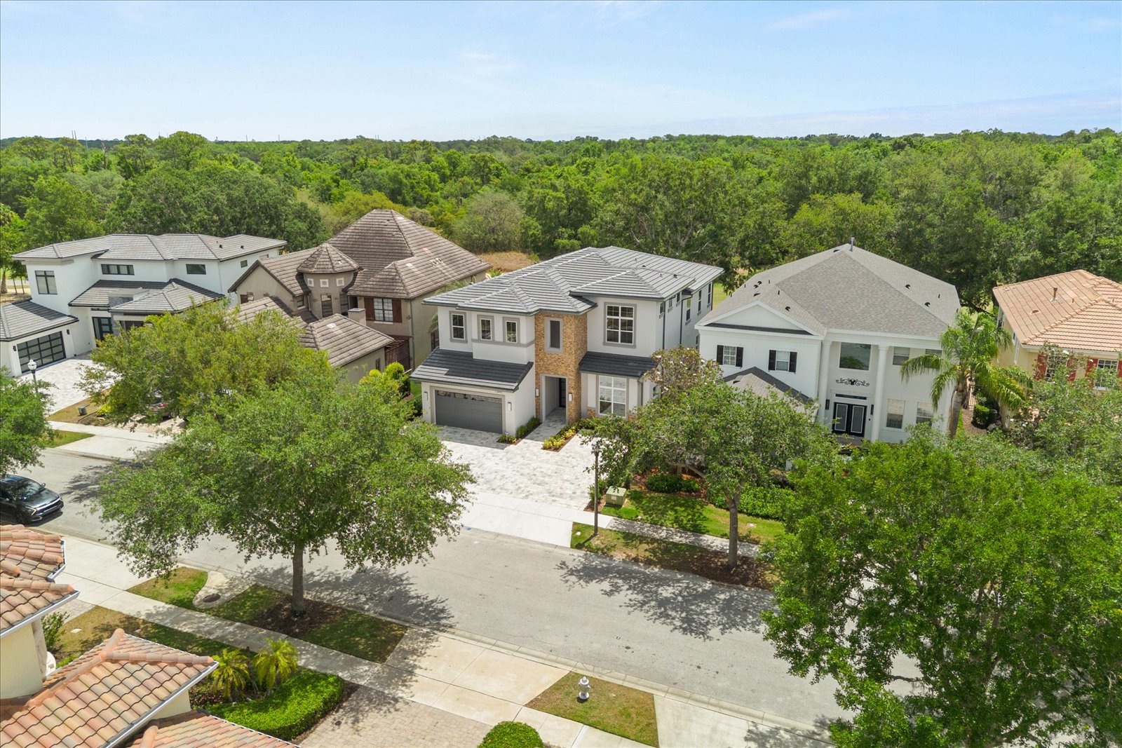 Aerial view of a finished Liberty home settled into its tree-lined neighborhood a few seasons after handover