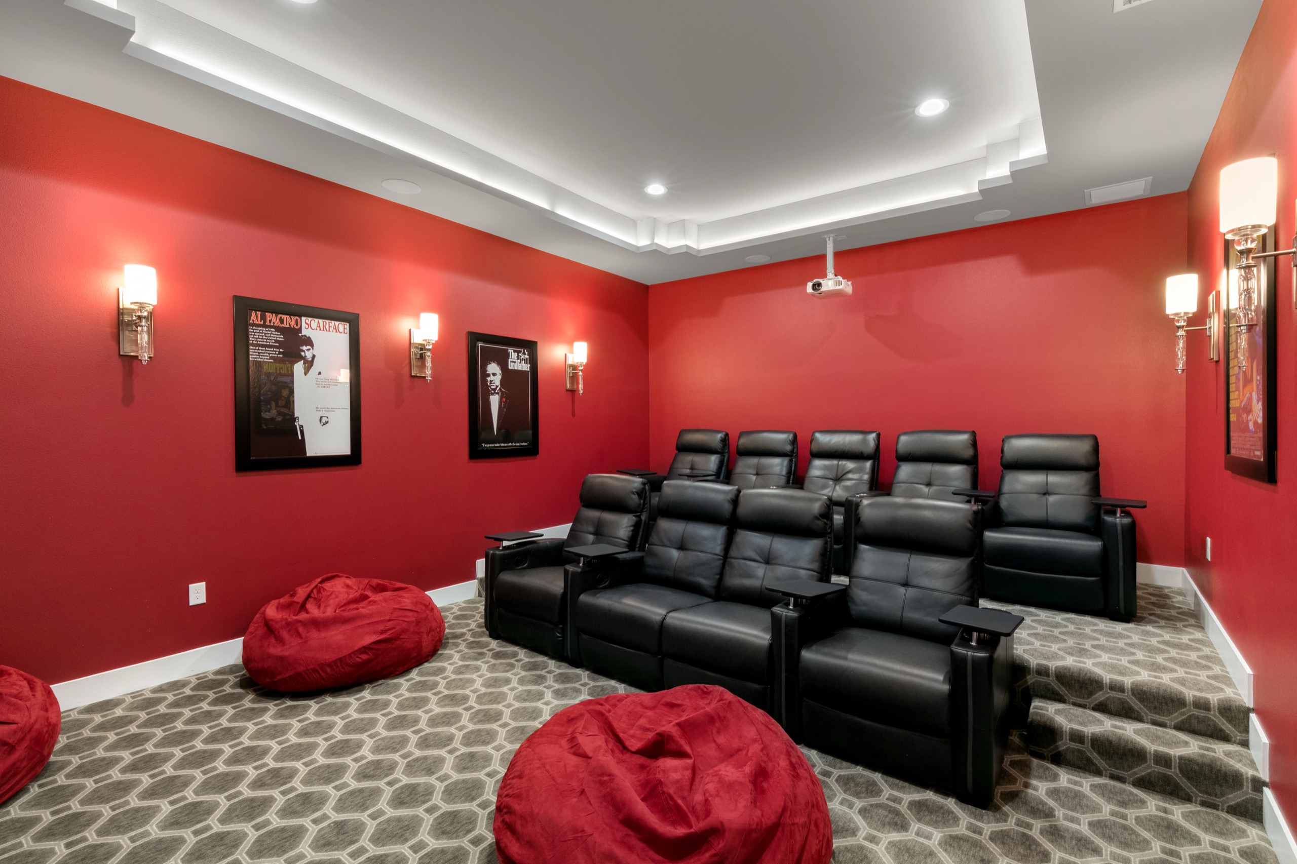 Tiered leather cinema seating with bean bags up front