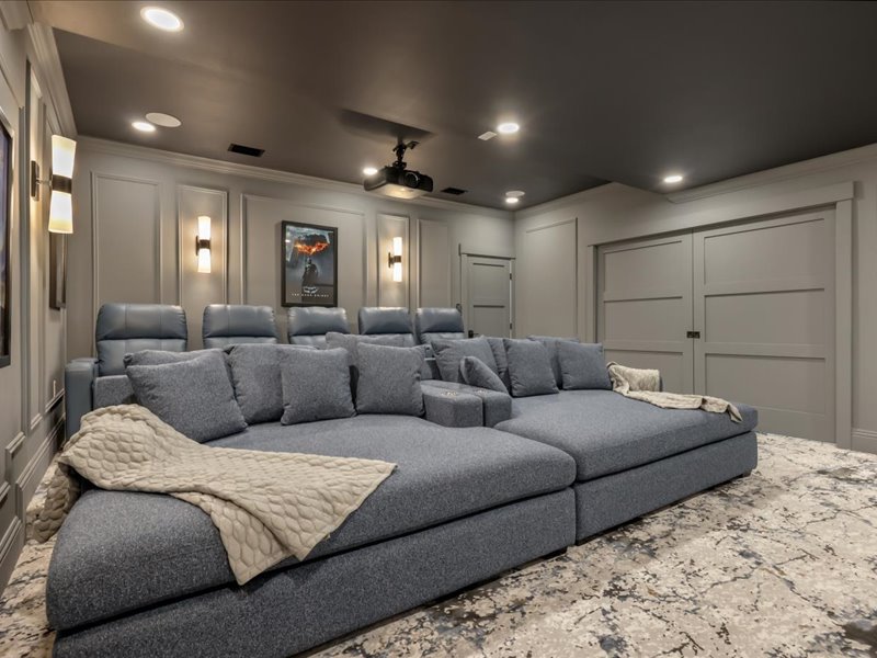 Tiered gray sectionals facing the cinema screen