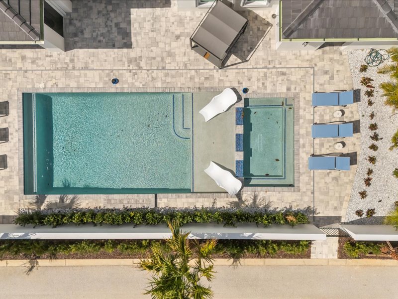 The resort pool and deck seen from directly above